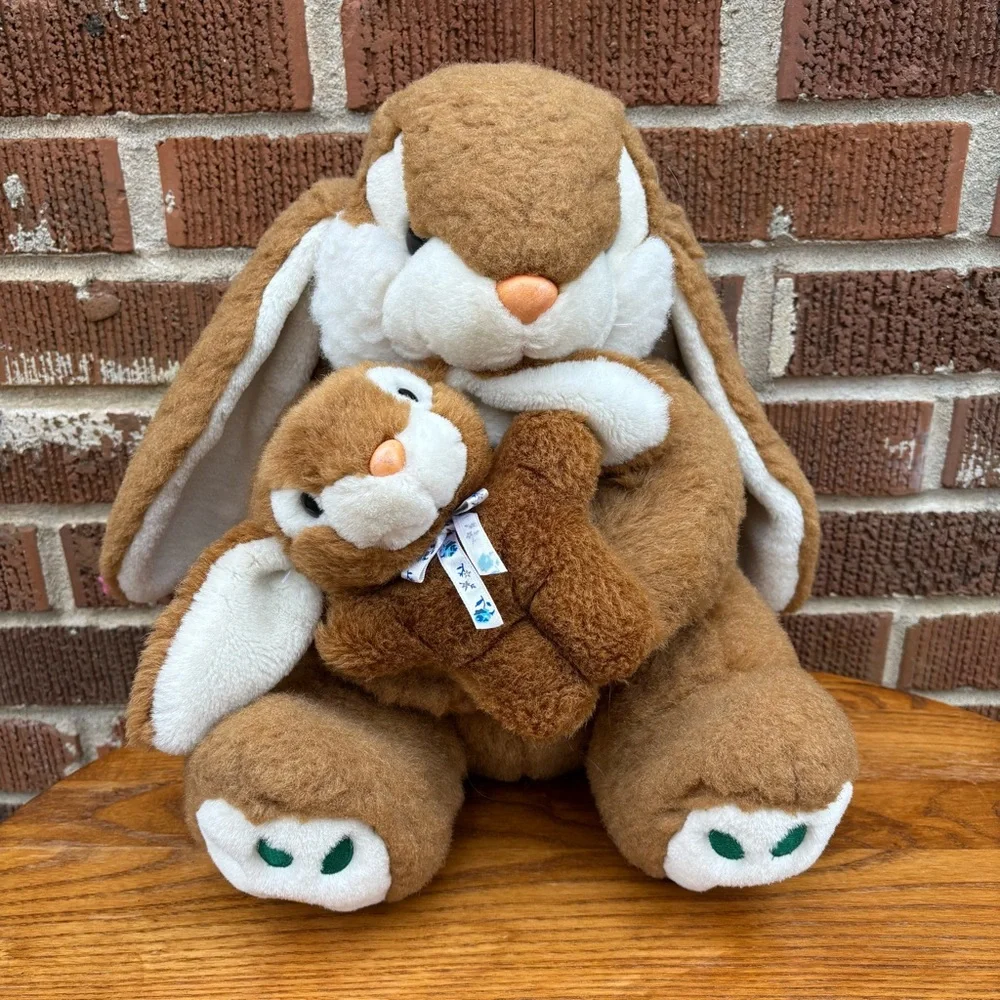 Bunny Rabbit with Baby Carrot Plush Easter Stuffed Animal Soft Tan Collectible